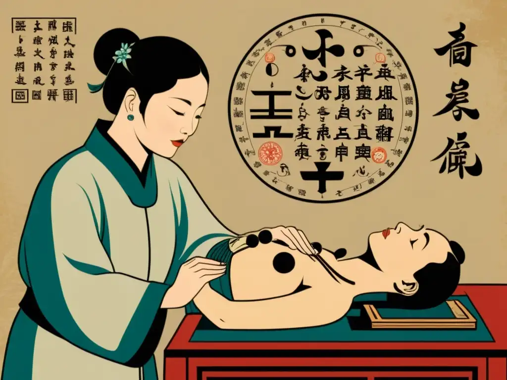 Un médico de medicina tradicional china examina el pulso de un paciente, rodeado de símbolos y diagramas que representan los ciclos y el tiempo en la medicina tradicional china