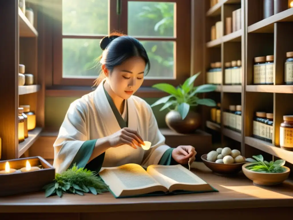 Un médico de la medicina tradicional china examina el pulso de un paciente rodeado de hierbas y libros antiguos, con luz suave iluminando la escena