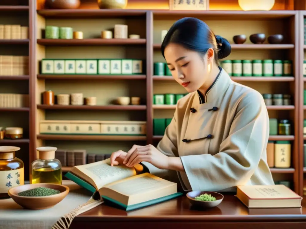 Un médico de medicina tradicional china Huangdi Neijing examina el pulso de un paciente en un ambiente nostálgico y atemporal