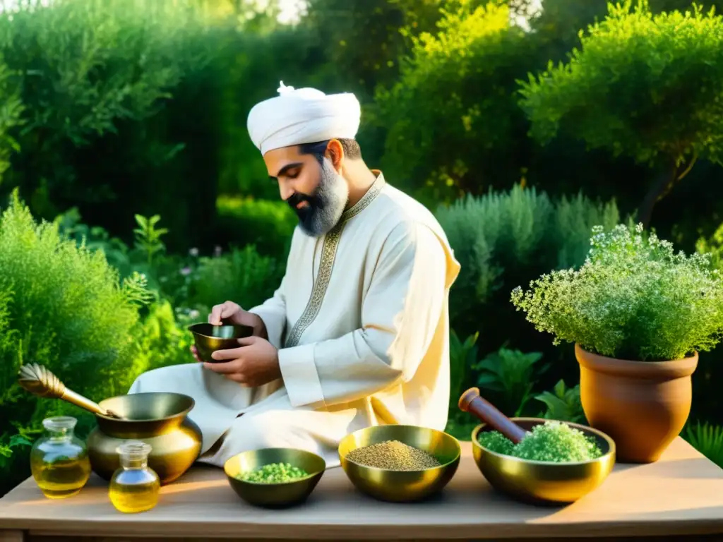 Un médico persa antiguo preparando un remedio herbal en un exuberante jardín con hierbas medicinales y textos médicos antiguos