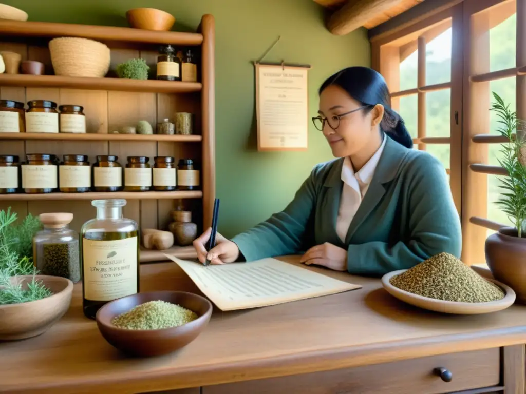 Un médico tradicional explica una hierba medicinal a su paciente, creando un ambiente de confianza y entendimiento