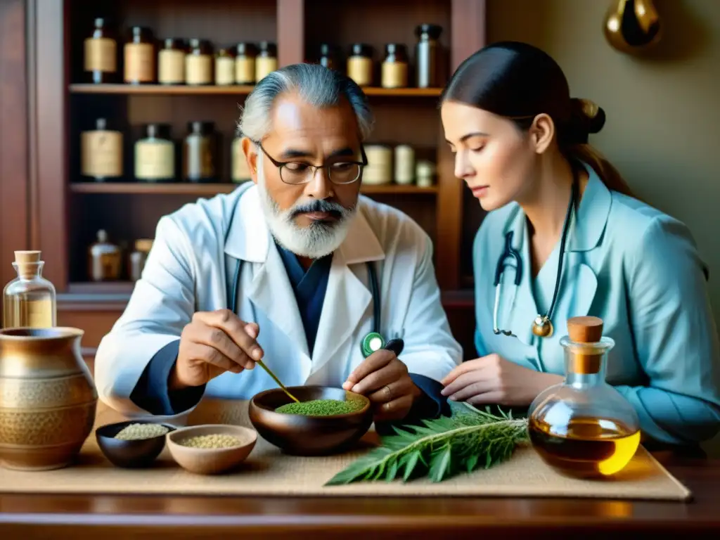 Un médico tradicional explica una hierba a su paciente, rodeados de herramientas y hierbas antiguas, transmitiendo sabiduría y confianza