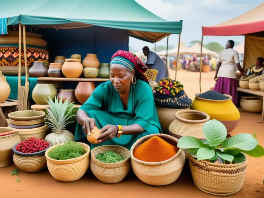 Un mercado africano vintage rebosante de actividad, con curanderos recolectando plantas medicinales