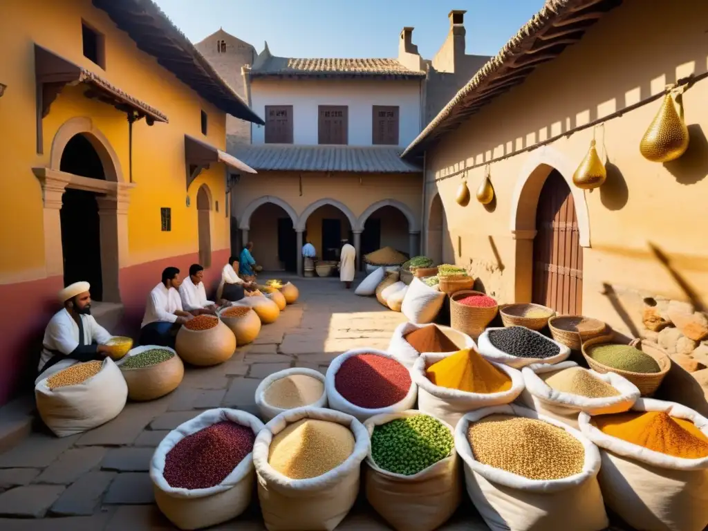 Un mercado antiguo rebosante de vida y color, con sacos de granos y legumbres