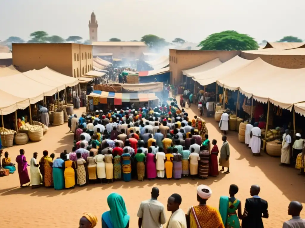 Un mercado bullicioso en una ciudad africana, con gente de diferentes etnias y trajes tradicionales