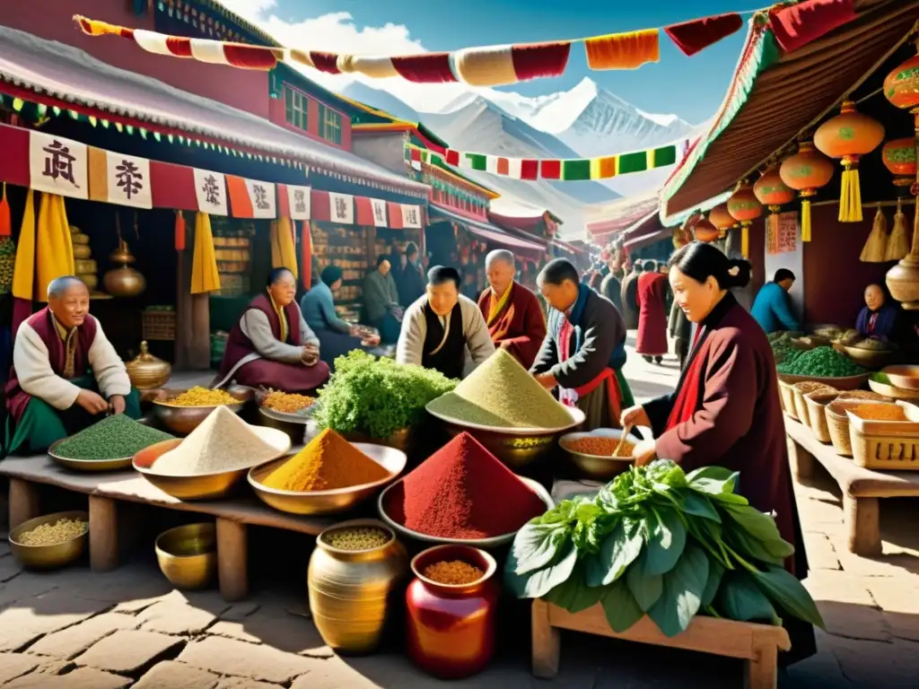 Mercado bullicioso en Tibet con hierbas, especias y tejidos vibrantes, capturando la esencia de la medicina tradicional tibetana ayurvédica diferencias