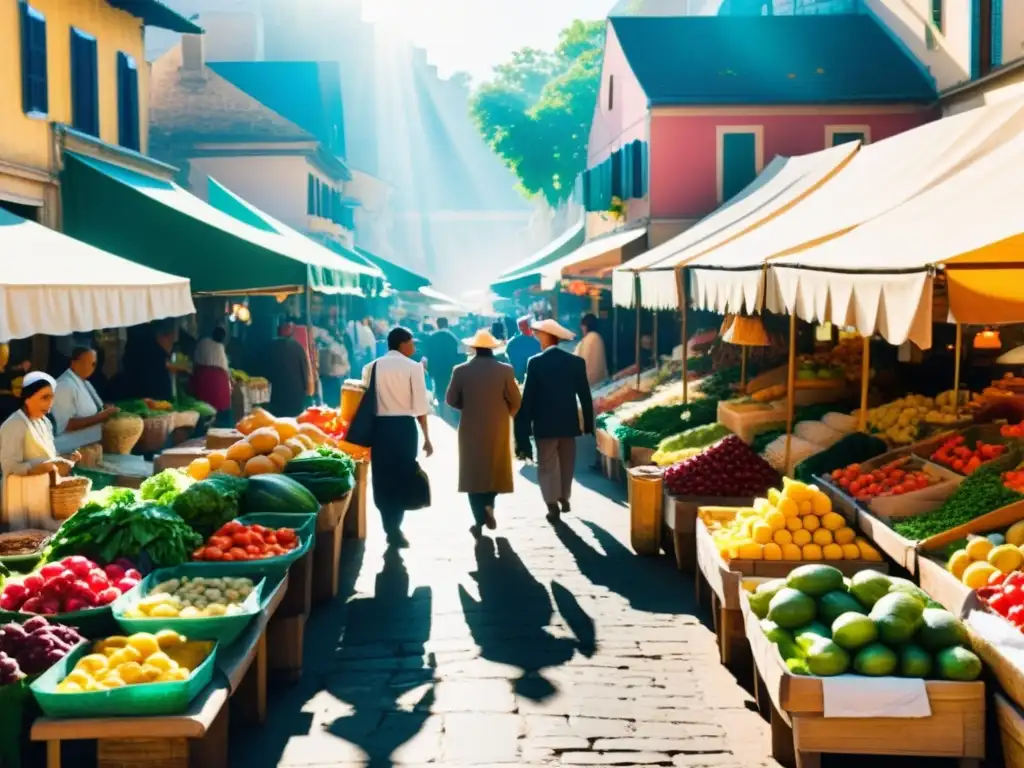 Un mercado bullicioso lleno de frutas, verduras y alimentos tradicionales, evocando la alimentación ancestral para bienestar