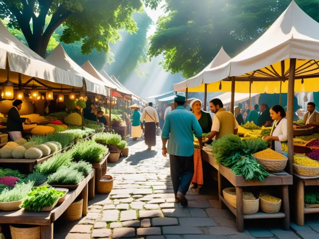 Un mercado bullicioso lleno de plantas medicinales, colores vibrantes y una atmósfera de tradición y comunidad