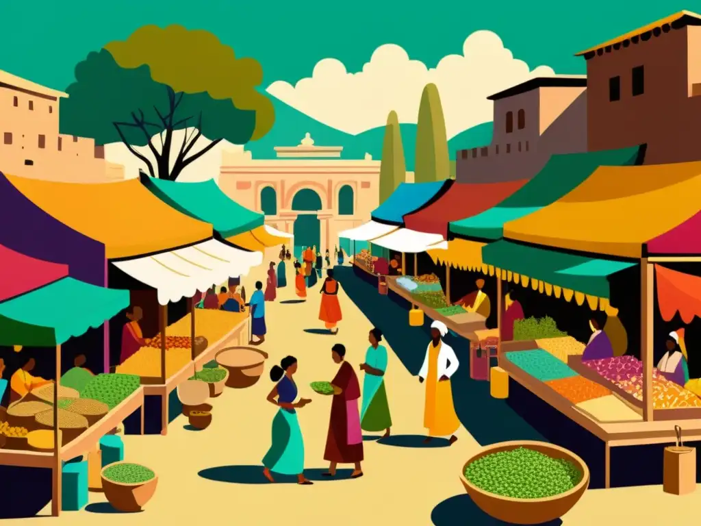 Mercado bullicioso de medicina tradicional de diversas culturas en una antigua civilización, con colores vibrantes y detalles exóticos