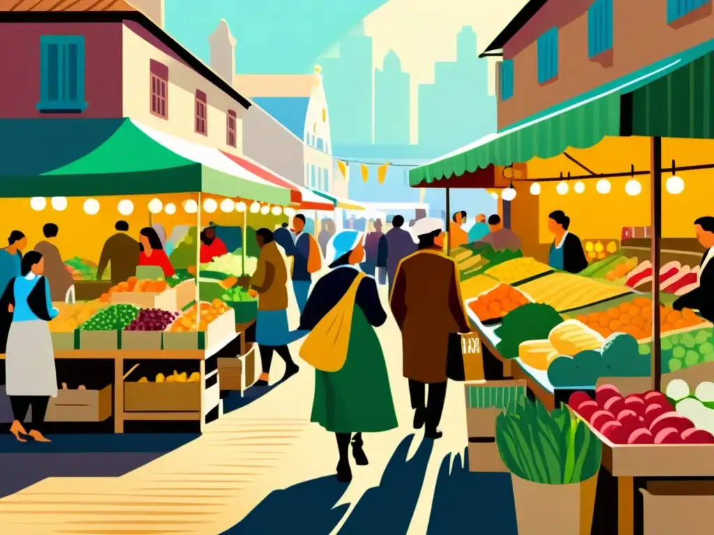 Un mercado bullicioso con puestos de frutas y verduras frescas