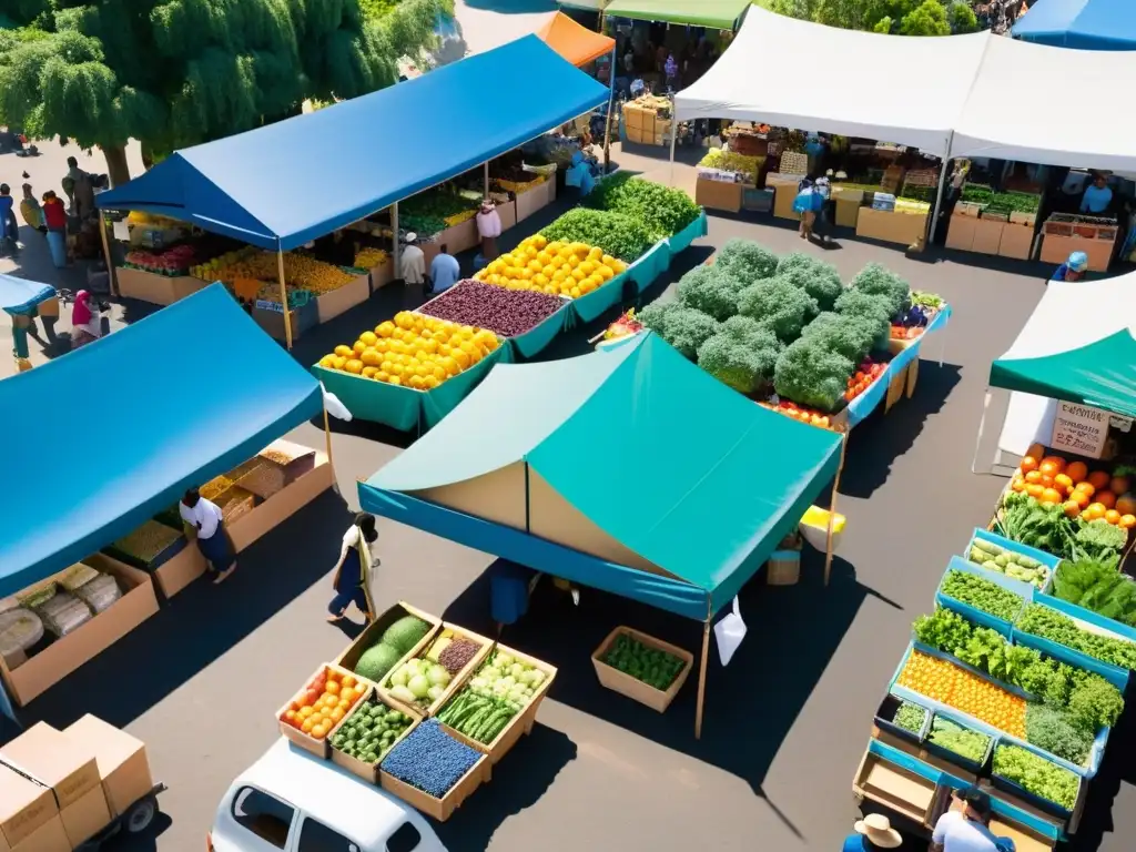 Mercado bullicioso en zona azul con frutas y verduras vibrantes