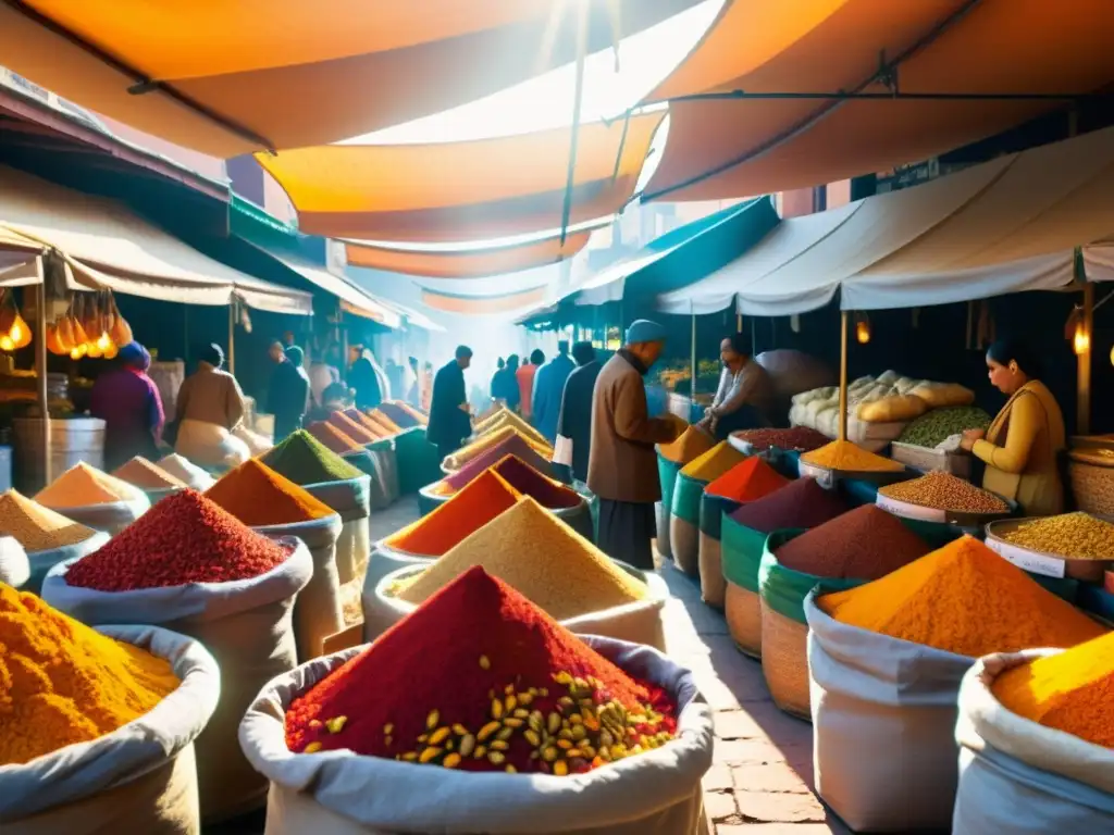 Mercado de especias bullicioso con propiedades terapéuticas de especias alquímicas en un ambiente vintage vibrante y lleno de color