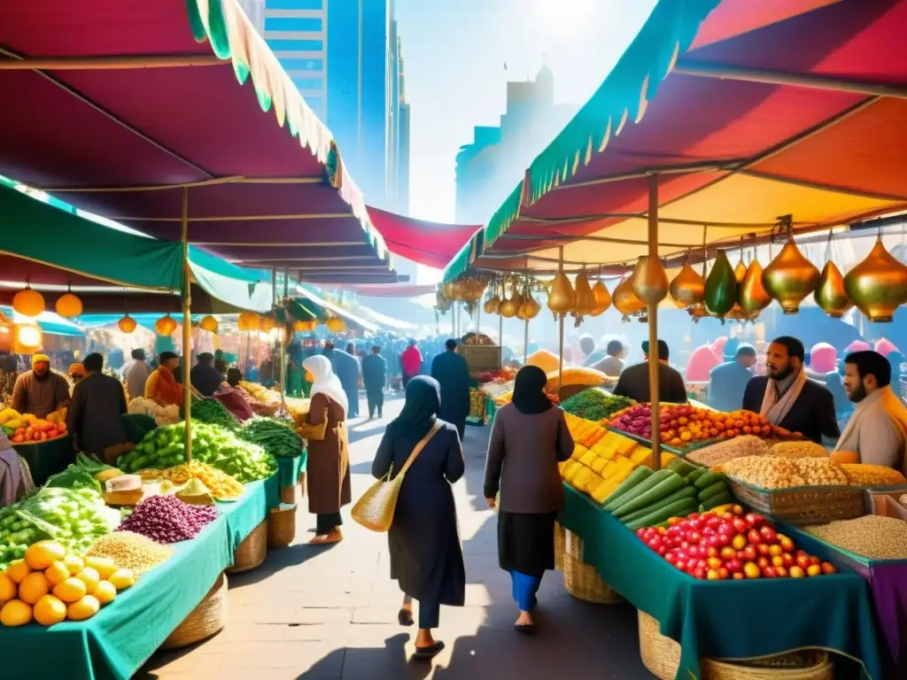 Mercado halal bullicioso y colorido, con frutas, verduras y especias frescas