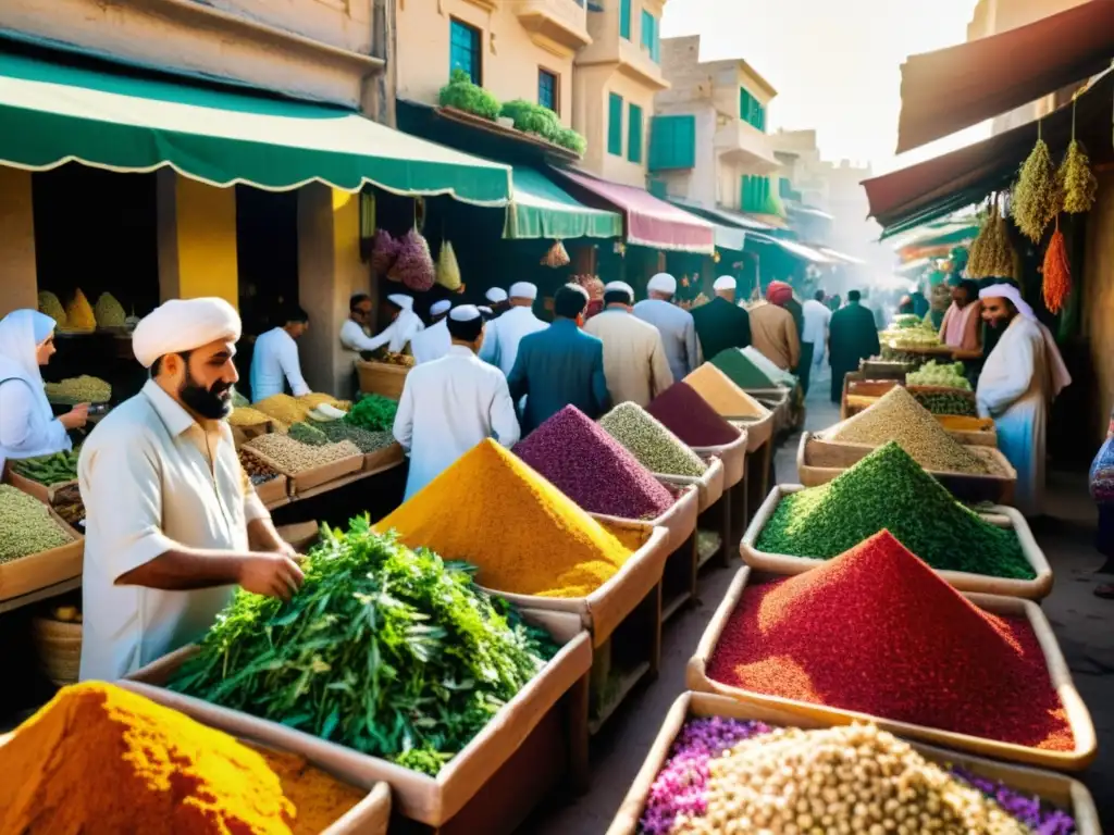 Mercado de hierbas vibrante en el Medio Oriente, con colores exóticos y energía cultural