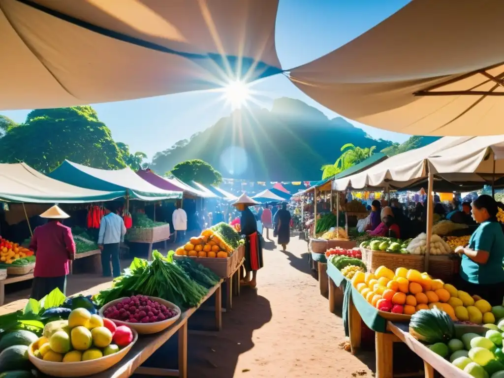 Un mercado indígena con frutas, verduras y hierbas coloridas