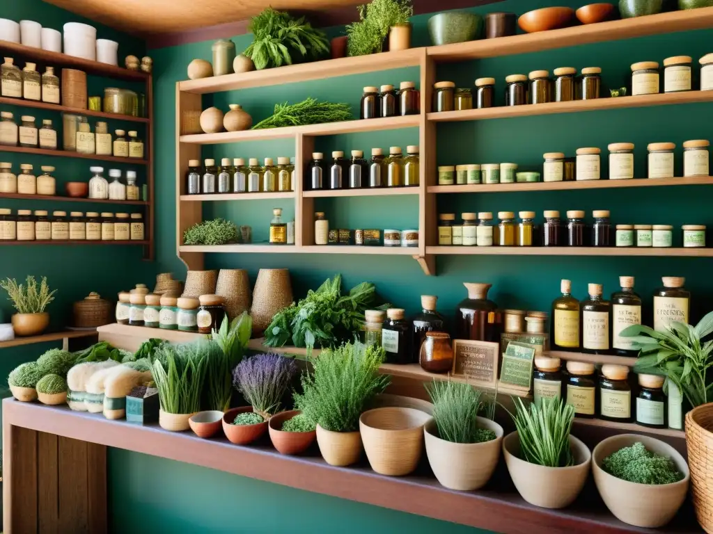 Un mercado de medicina tradicional bullicioso y colorido, con hierbas, pociones y remedios en exhibición