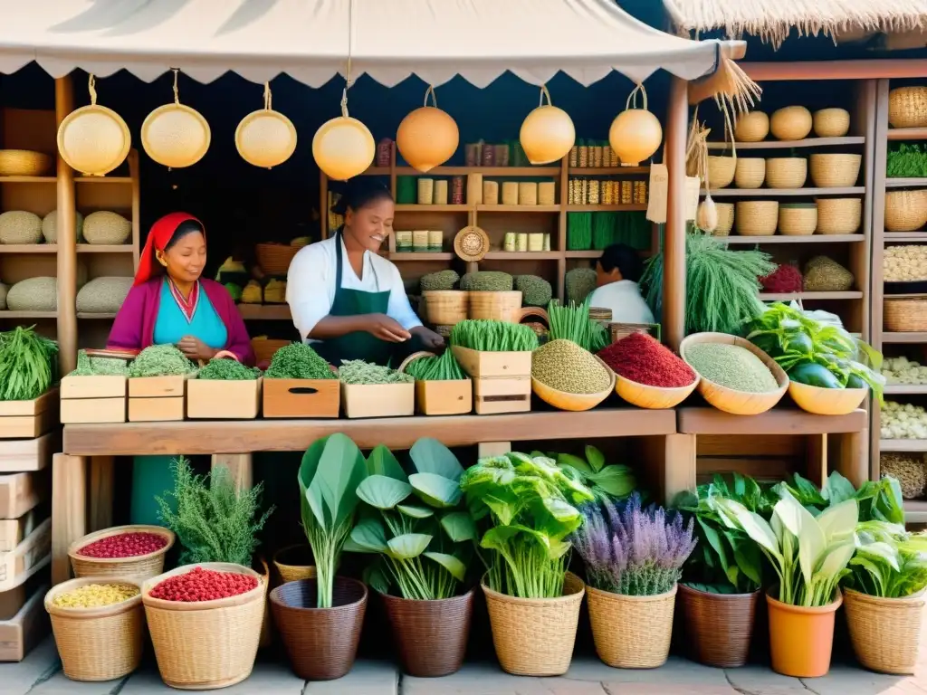 Mercado de medicina tradicional: escena vibrante y diversa, protección de la medicina tradicional en un bullicioso mercado lleno de colores y vida