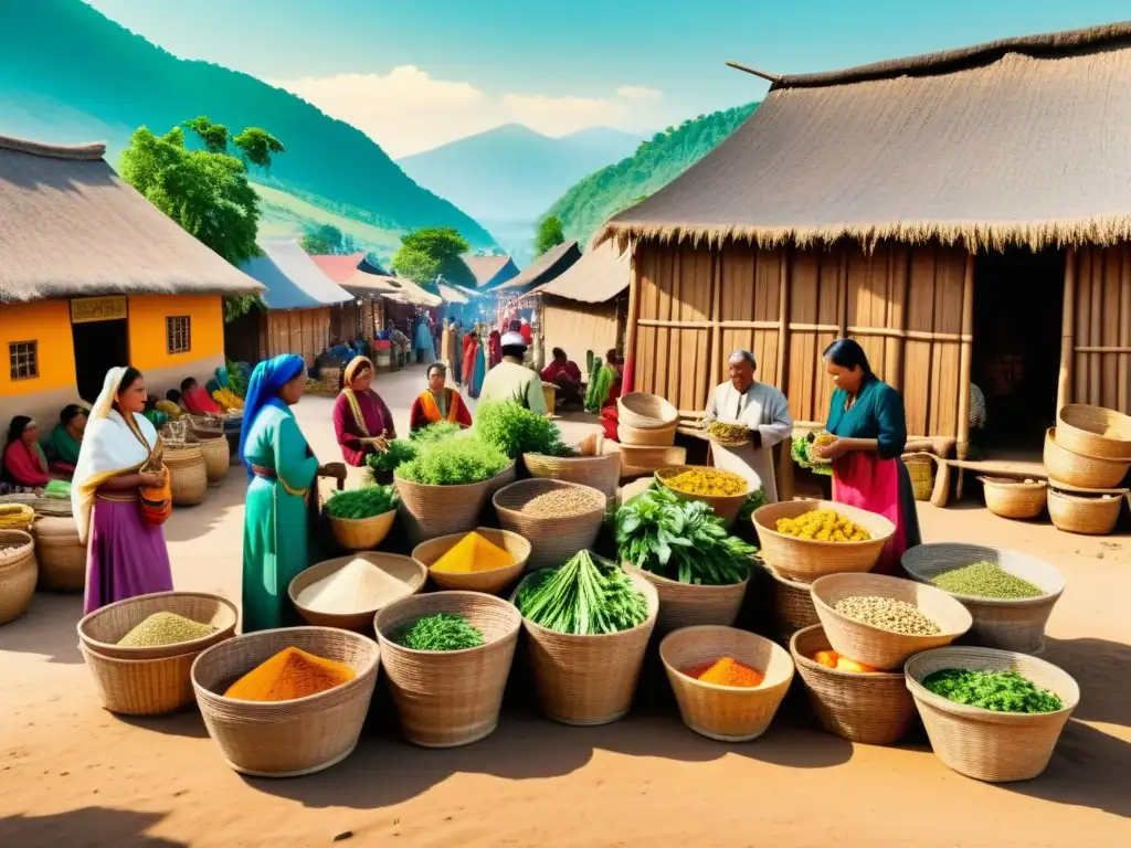 Mercado de medicina tradicional en un pueblo remoto, con hierbas, raíces y curanderos locales en un colorido y bullicioso escenario cultural