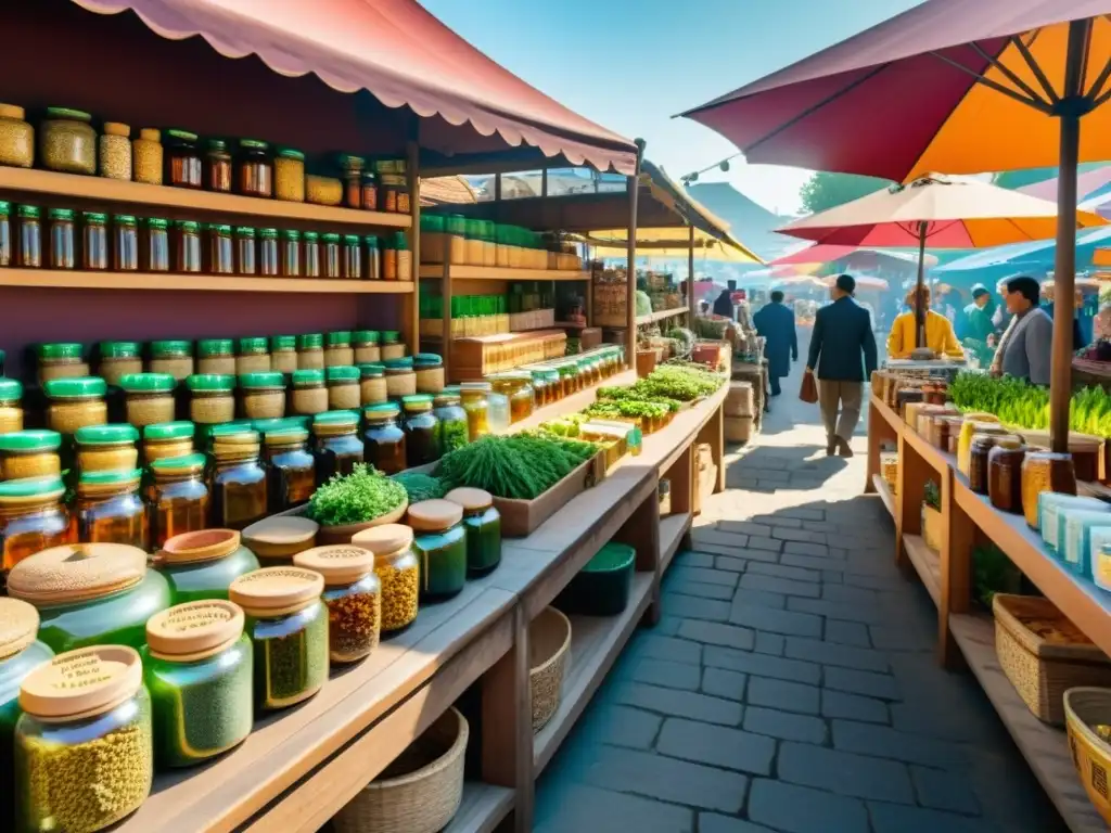 Un mercado de medicina tradicional con remedios naturales en una vibrante ciudad