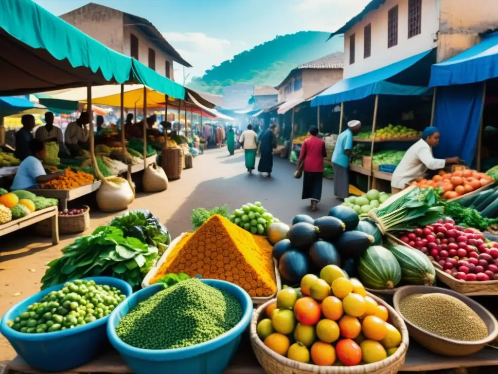 Un mercado tradicional bullicioso en una Zona Azul, con vendedores locales ofreciendo frutas, verduras y especias