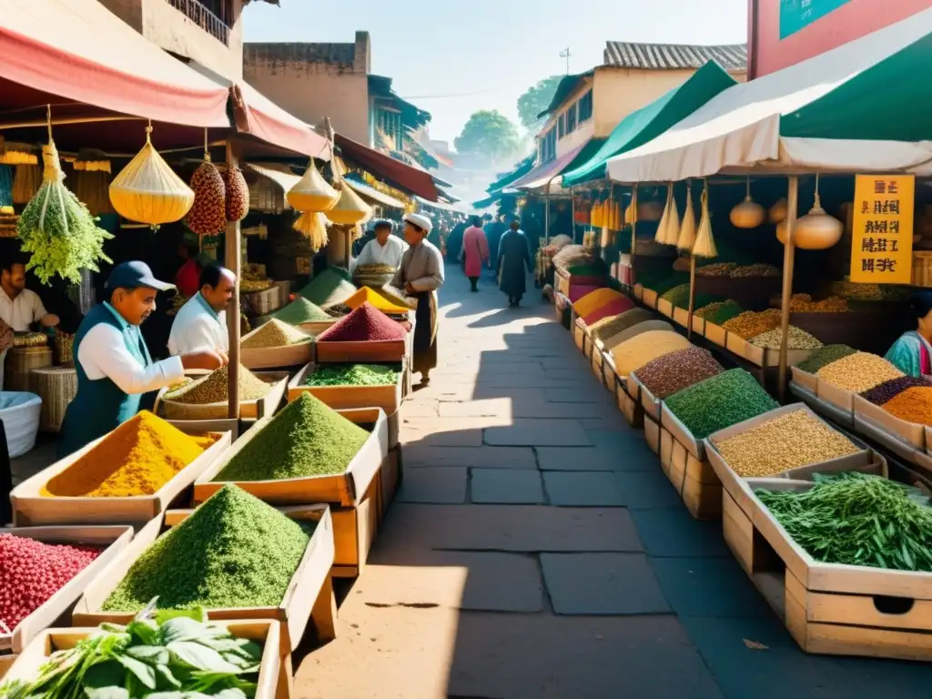 Un mercado tradicional de hierbas medicinales bullicioso, con vendedores y clientes animados entre cestas y cajones de hierbas y especias coloridas