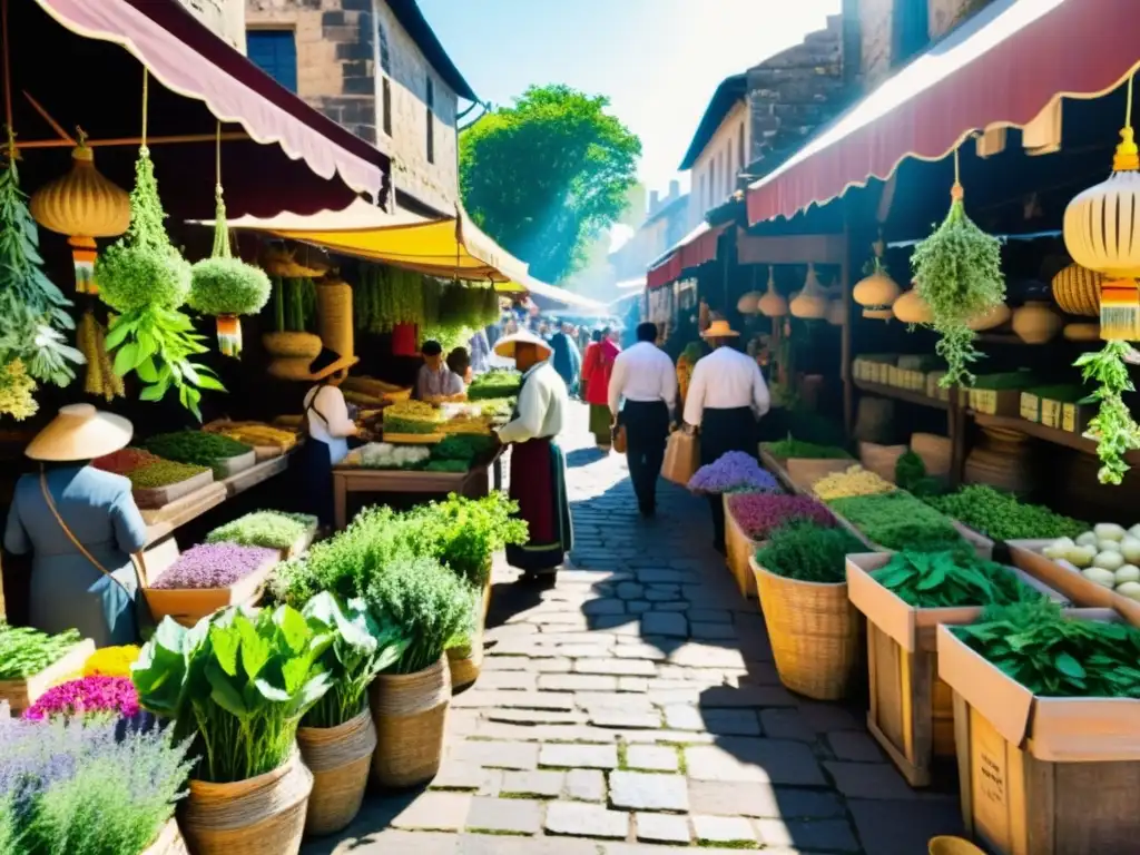 Mercado tradicional de hierbas medicinales con vibrantes puestos y ambiente nostálgico de comunidad y herencia cultural