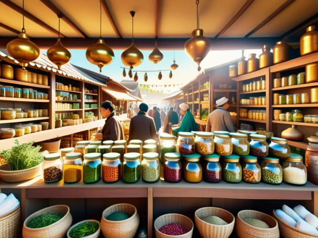 En un mercado tradicional, se ven hierbas y remedios en frascos y cestas decoradas, mientras curanderos y clientes conversan