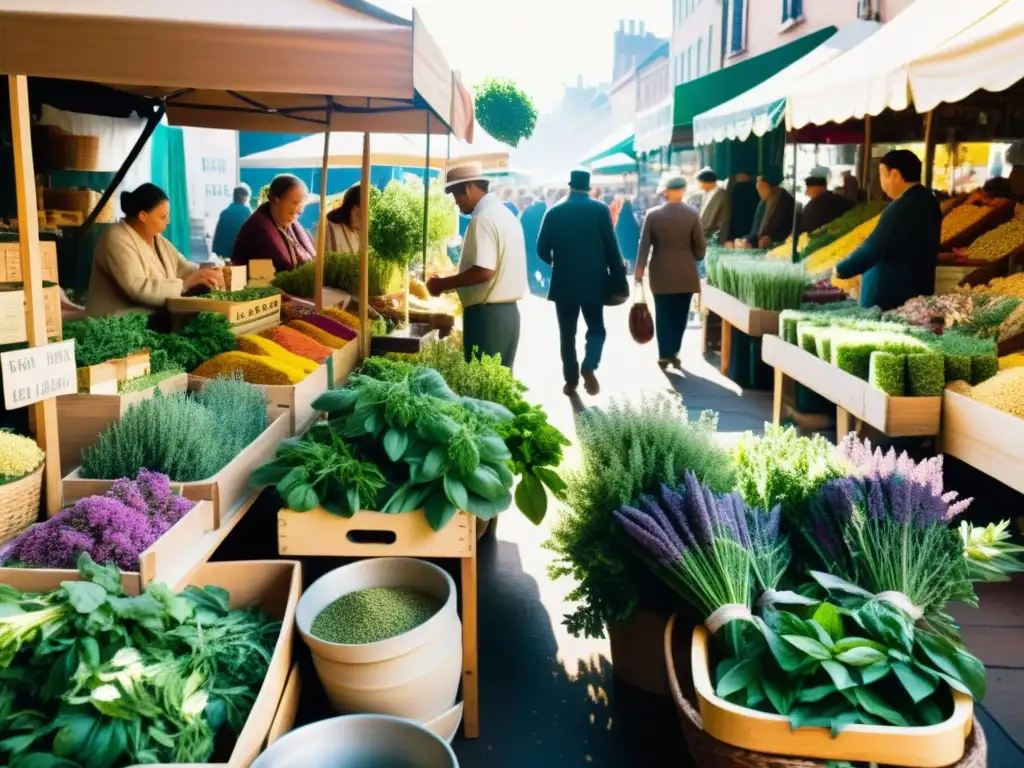 Mercado urbano bullicioso con coloridas hierbas y remedios botánicos