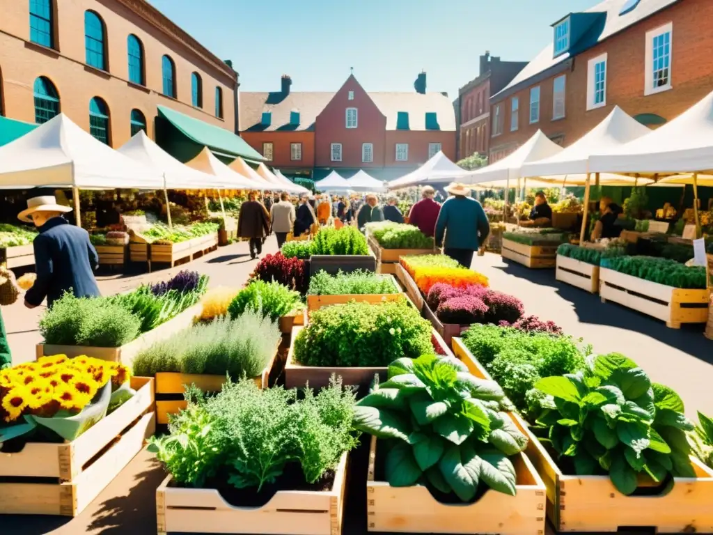 Un mercado urbano bullicioso con una variedad vibrante de plantas medicinales en cajas de madera y cestas de mimbre