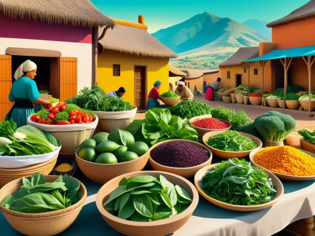 En un mercado vibrante, ancestral, se exhiben ensaladas y plantas medicinales, evocando la medicina tradicional