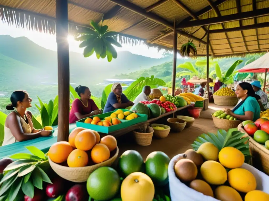 Mercado vibrante en entorno tropical: frutas frescas, plantas medicinales y remedios tradicionales