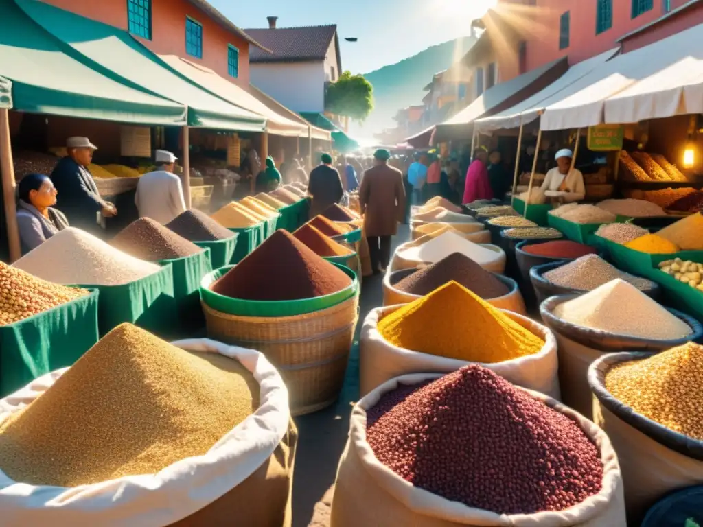 Un mercado vibrante lleno de superalimentos ancestrales como quinoa, semillas de chía, raíz de maca y cacao