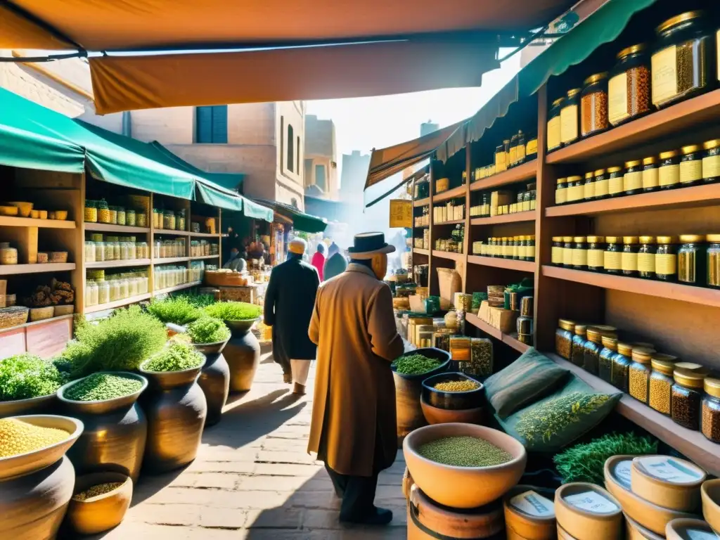 Un mercado vibrante en el Medio Oriente con medicina herbal en vistosos envases vintage