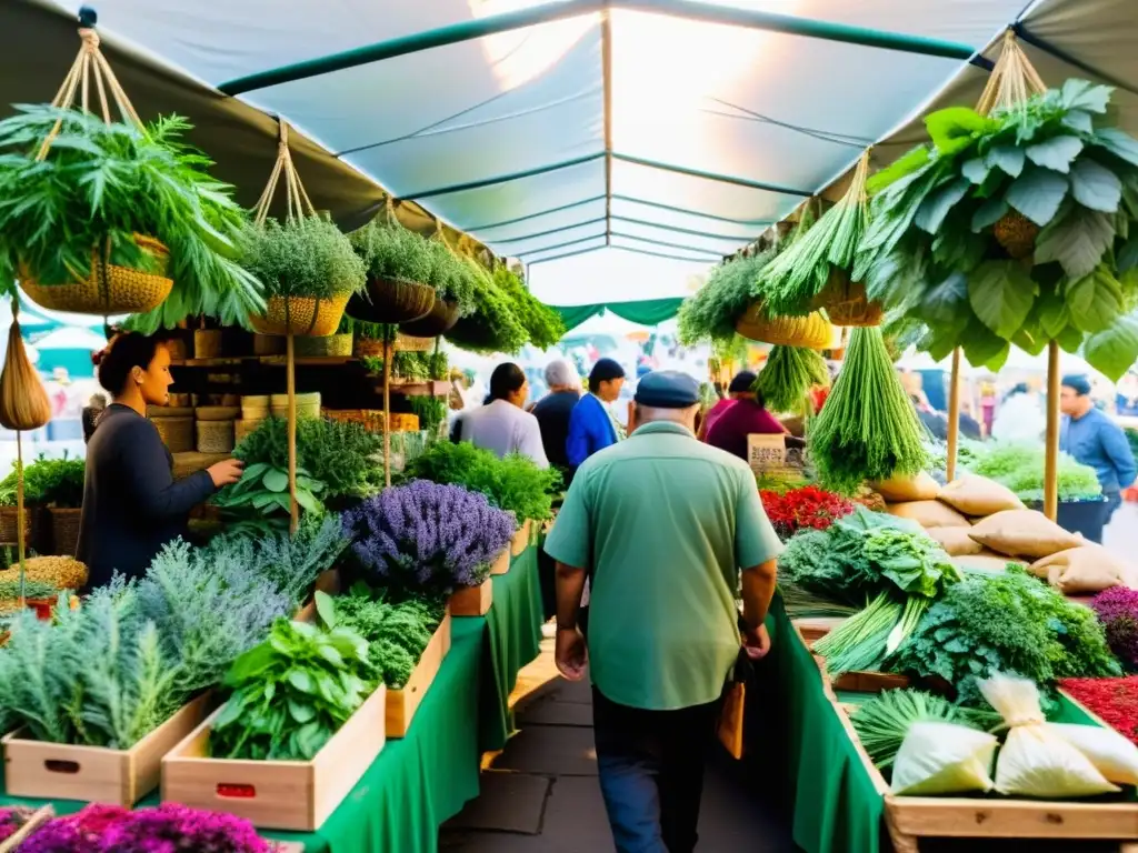 Mercado herbal vibrante y vivo, consumidores influencia sostenibilidad mercado herbal, productos frescos y coloridos en coloridos puestos