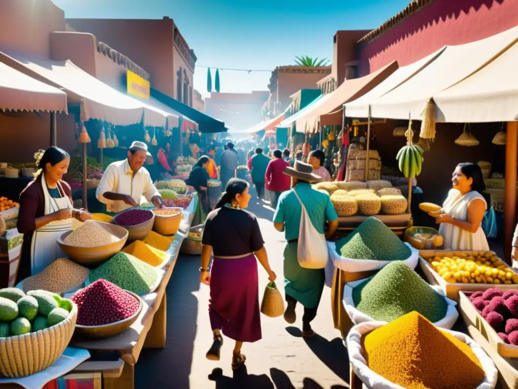 Mercado azteca histórico con superfoods vibrantes y actividad bulliciosa, reflejando la rica nutrición e historia de los superfoods aztecas