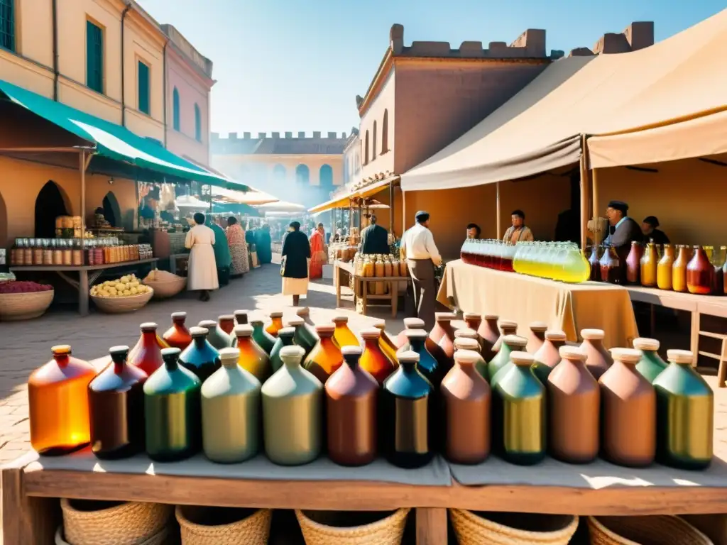 Un mercado vintage con coloridas bebidas tradicionales en botellas y jarras de barro