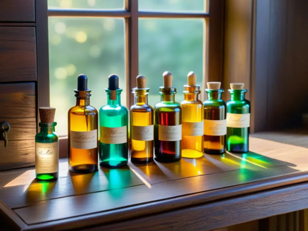 Una mesa de boticario antigua con botellas de aceites esenciales coloridos, iluminada por la luz del sol