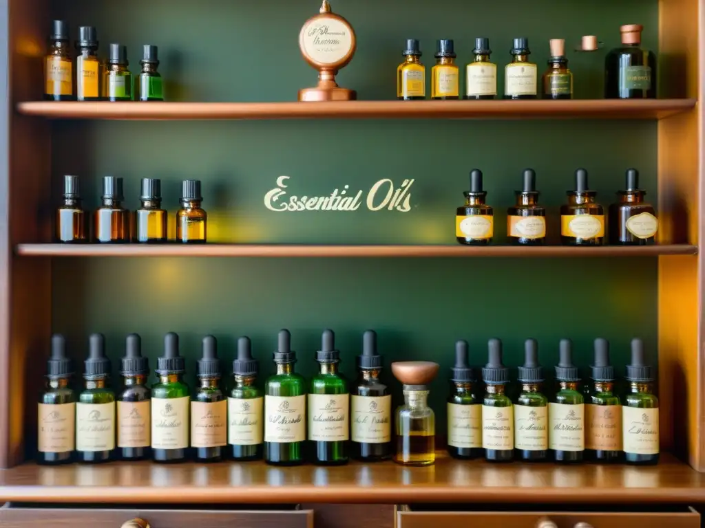Antigua mesa de alquimia con aceites esenciales y destilador Una mesa de boticario vintage con aceites esenciales en tonos ámbar y verde, rodeada de vegetación exuberante