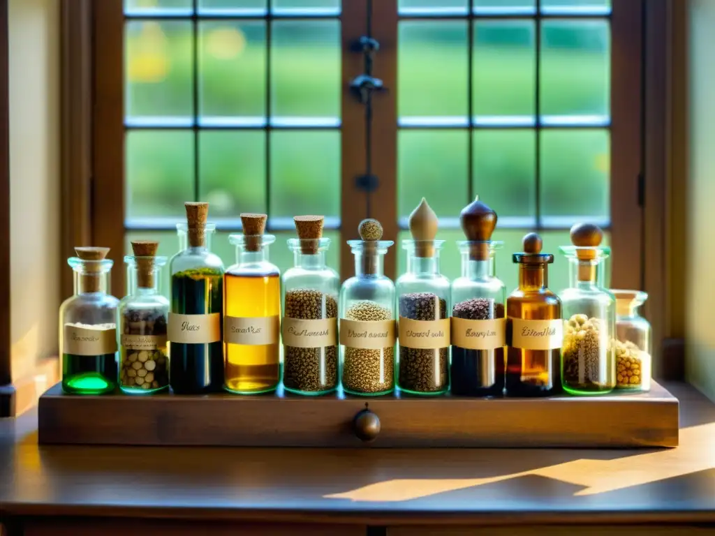 Una mesa de boticario vintage con botellas de vidrio etiquetadas con semillas medicinales