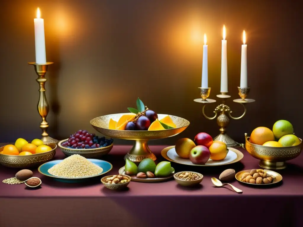 Una mesa lujosa con frutas exóticas, frutos secos y granos, iluminada por velas, evoca la nutrición holística en medicina tradicional