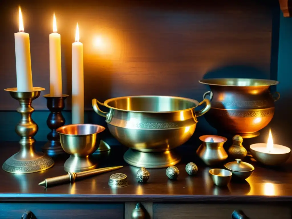 Una mesa de madera antigua adornada con recipientes sagrados para pociones medicinales, iluminados por luz de velas