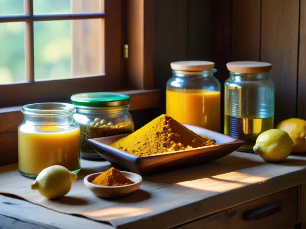 Una mesa de madera rústica llena de ingredientes naturales para medicina tradicional, bañada por la cálida luz del sol