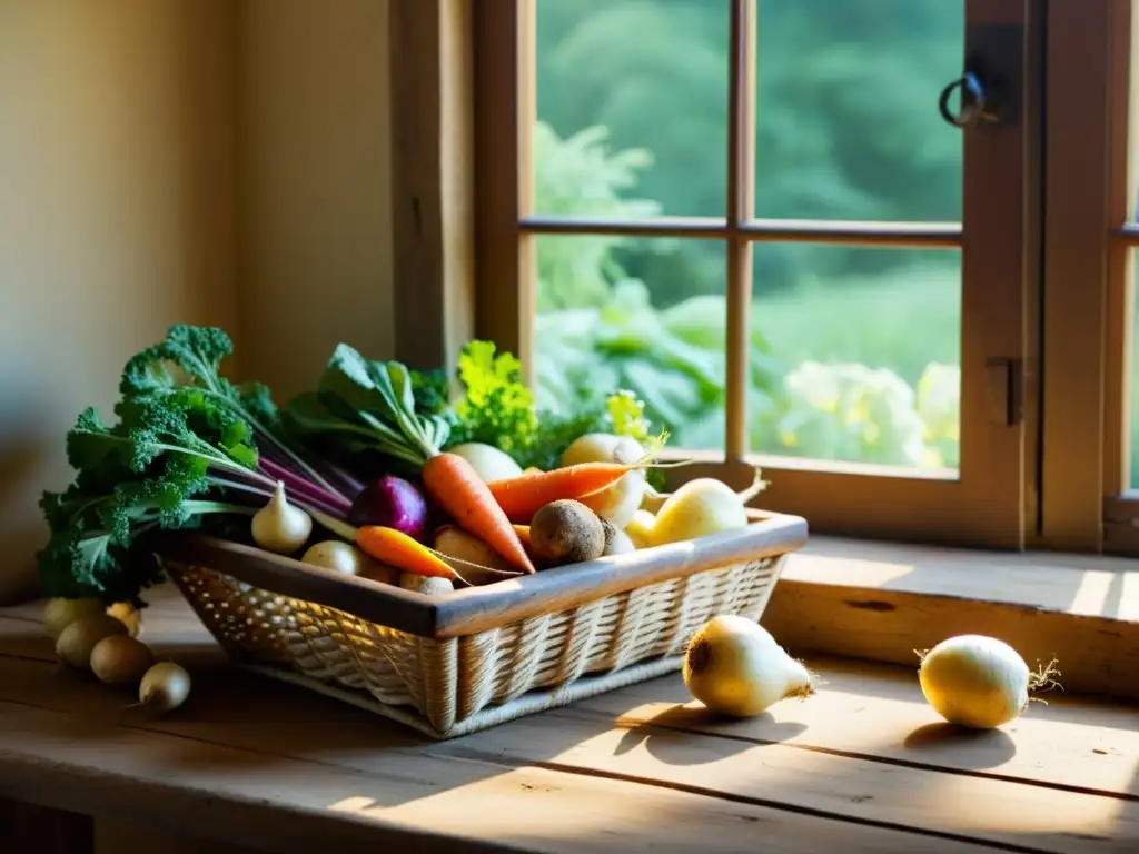Rústica mesa de cocina con vegetales frescos y luz cálida Una mesa rústica de cocina con vegetales terrenales bañada por la cálida luz del sol