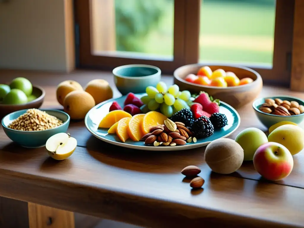 Una mesa rústica con frutas, frutos secos y carnes magras, iluminada por luz natural