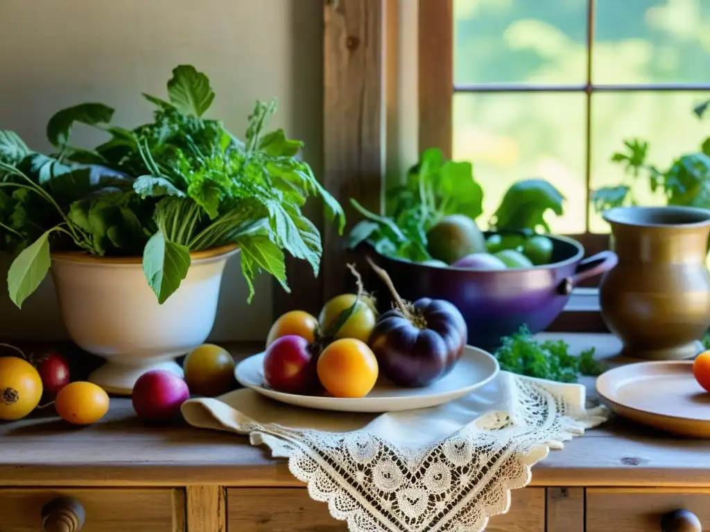 Una mesa rústica con frutas y verduras hermosas, evocando la alimentación ancestral para bienestar