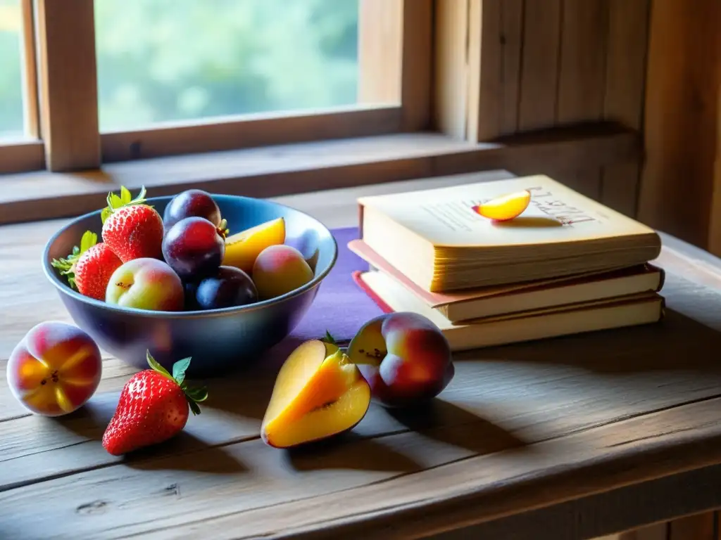 Una mesa rústica con frutas vibrantes recién cosechadas y un libro de cocina vintage, evocando la combinación de alimentos para potenciar salud