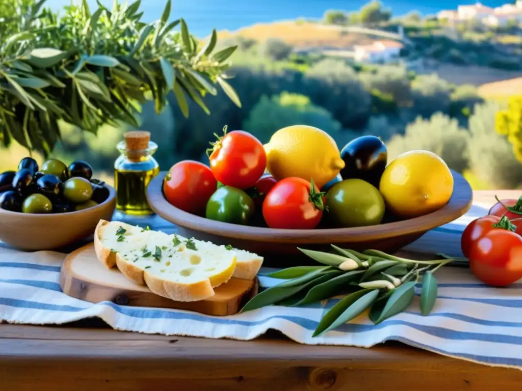 Una mesa rústica con ingredientes frescos y coloridos de la dieta mediterránea bajo la luz del sol