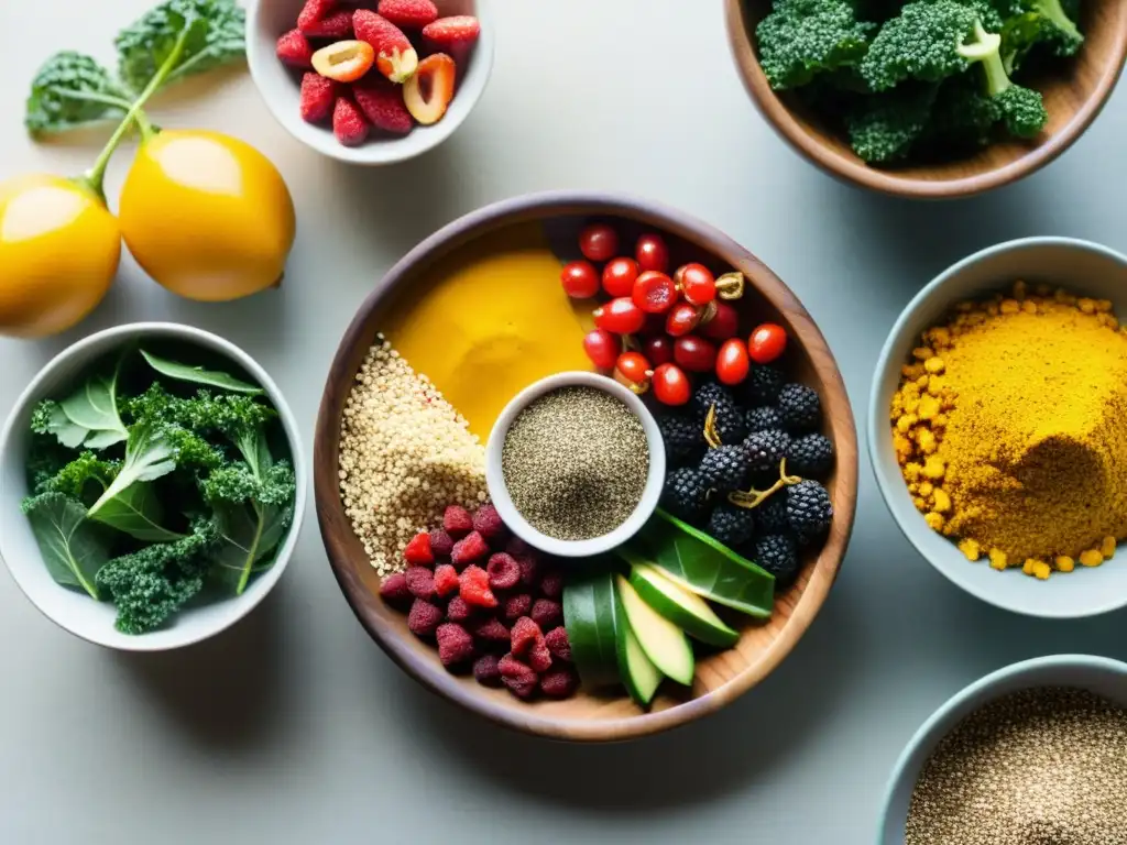 Una mesa rústica llena de superalimentos coloridos evoca tradición y abundancia natural