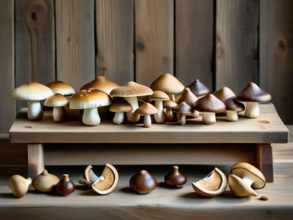 Una mesa rústica de madera adornada con setas shiitake recién cosechadas, creando un ambiente cálido y acogedor