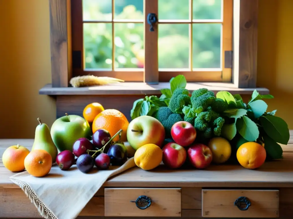 Una mesa rústica de madera llena de frutas, verduras y hierbas coloridas, bañada por la cálida luz del sol